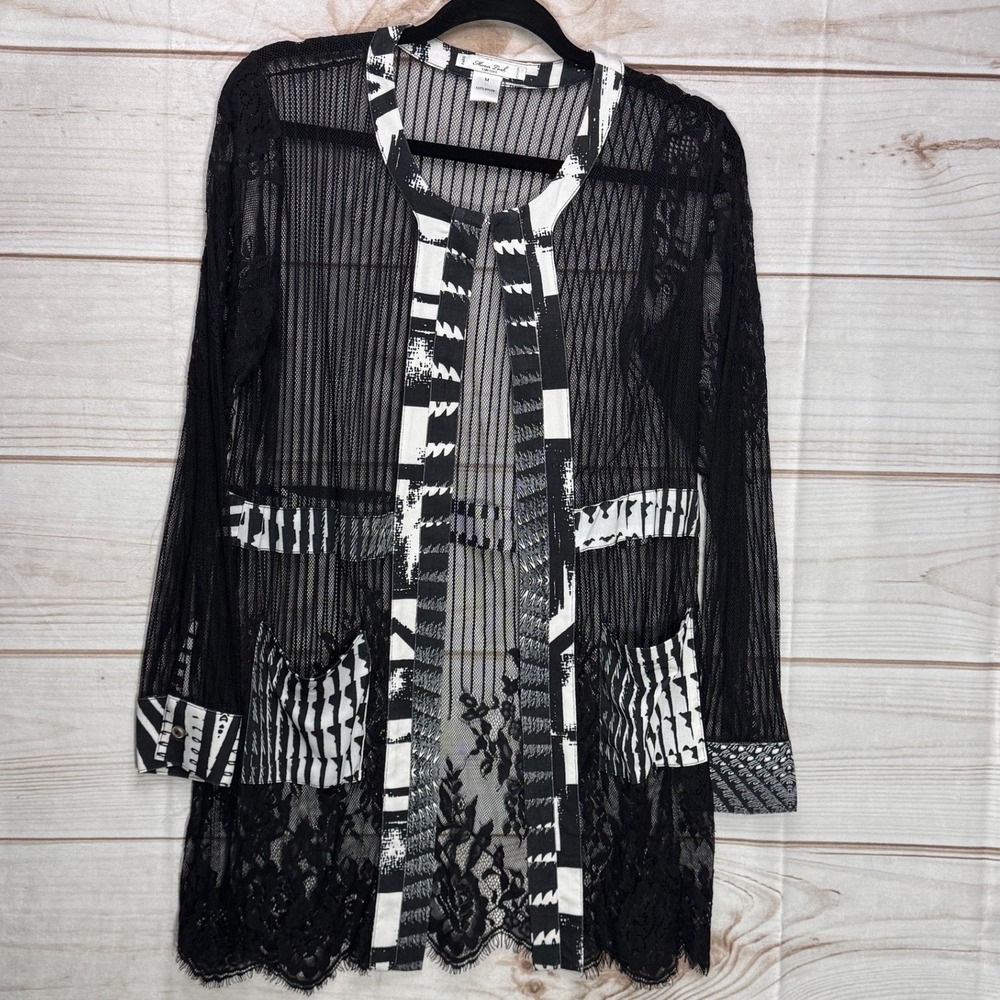 Mona Leah Couture Black Mesh Lace Open Front Cardigan Jacket Med Art to Wear
